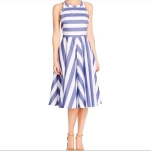 Eliza J Blue/White Halter Style Fit-and-Flare Midi Dress